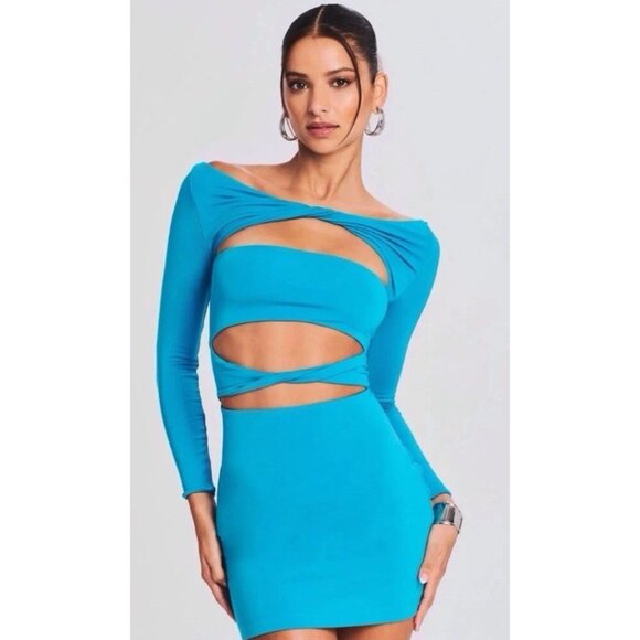 Ser.O.Ya Dress Womens Twist Long Sleeves Cut Out Body Con Blue Size Large NWT - Picture 4 of 11